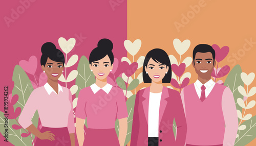 Diverse team of professionals smiling in pink attire against a floral heart background Unity and positivity