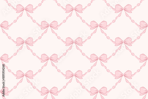 Seamless pink bow ribbon pattern on soft pastel background, cute feminine decorative repeat design for wrapping paper, fabric, wallpaper and stationery.