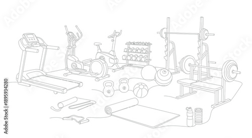 Collection of black and white line art illustrations depicting various essential exercise equipment for a home or commercial gym setting