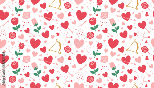 Seamless Valentines Day pattern with hearts roses and Cupids bows on white Love romance background