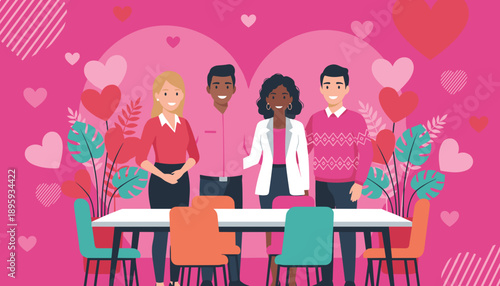 Smiling diverse colleagues celebrating love and teamwork at a pink table setting