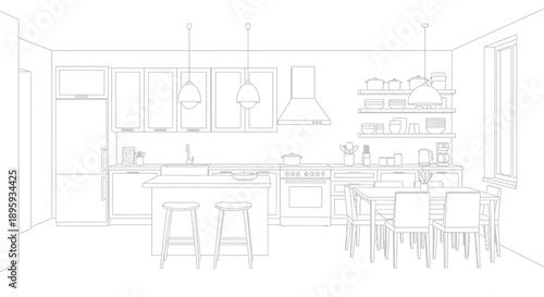 Clean line art drawing illustrating a modern open concept kitchen interior layout featuring appliances cabinets island and dining area