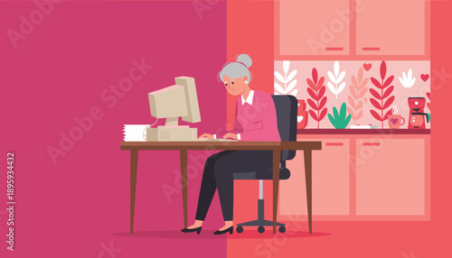 Elderly woman looking stressed while working on an outdated desktop computer at home Remote work technology challenge