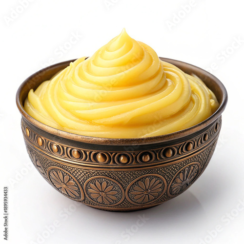 Ghee in a bronze bowl isolated on white background.