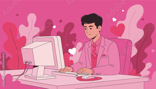 Smiling man in a pink suit works on a desktop computer surrounded by hearts Dating business love