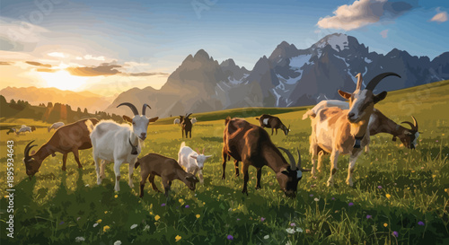 A herd of domestic goats grazes peacefully in a lush green alpine meadow during a brilliant golden sunset near towering mountains
