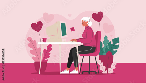 Senior woman chatting online with a retro computer in a joyful heartfilled pink home office illustration