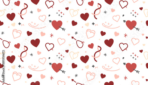 Cute romantic seamless pattern with hearts and Cupids arrows on white ideal for Valentines background