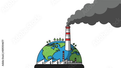 Conceptual illustration of industrial pollution showing a factory chimney releasing thick smoke on top of a globe representing Earth.