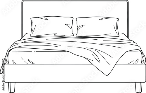 Minimalist line art drawing depicting a neatly made double bed with two pillows and a casually draped comforter suggesting interior design.