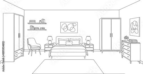 Black and white line art illustration depicts a modern symmetrical master bedroom interior design layout featuring a central bed and various essential furnishings