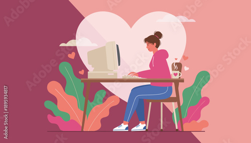 Remote worker using old PC for online love or dating illustration