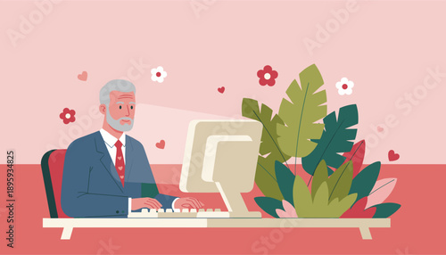Senior man in a suit typing on a computer symbolizing online dating connection or remote business work