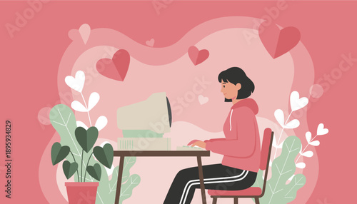 Woman typing on a retro computer surrounded by hearts and plants illustrating online love or dating