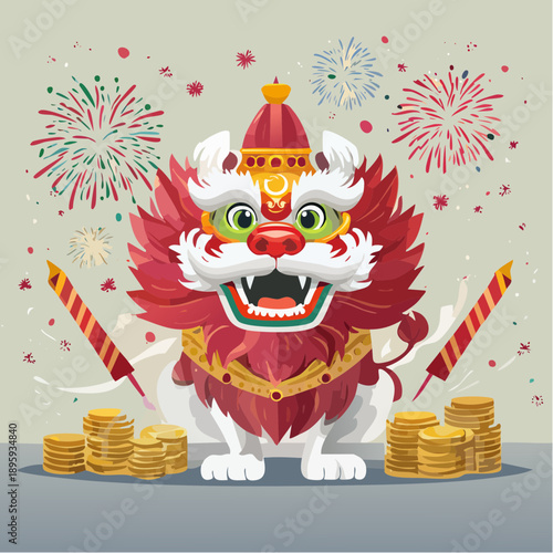 Lucky Chinese Dragon with Fireworks and Gold Coins for Celebrations and Prosperity