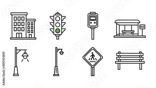 Urban Elements: A collection of essential urban elements, depicted in a clean, minimalist style. From buildings to traffic signals, and bus stops.