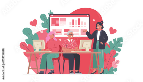 Mentor instructs diverse employees on digital marketing data dashboard