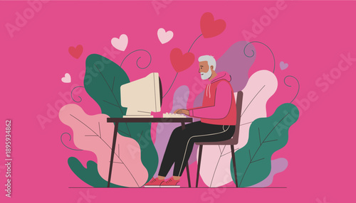 Smiling senior man chatting online with hearts Digital love dating and connection illustration