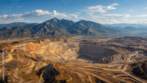 Aerial view of a large open-pit mine carved into a landscape, with towering mountains and a blue sky dotted with clouds