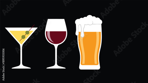 Three glasses of different alcoholic beverages including a martini with olives, red wine, and a foamy beer on a solid black background.