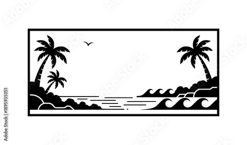 Decorative tropical landscape silhouette frame vector with palm trees and rocky beach