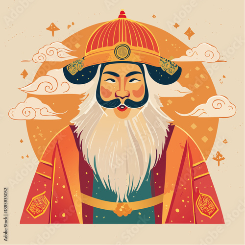 Vibrant illustration of an Asian wise man, a cultural icon symbolizing prosperity, wisdom, and good fortune, adorned in traditional ceremonial attire