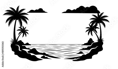 Minimal tropical seaside silhouette border vector illustration with palms and ocean