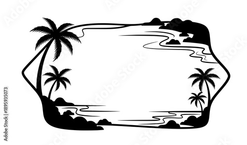 Tropical beach silhouette frame vector with palm trees sea and rocks isolated on white
