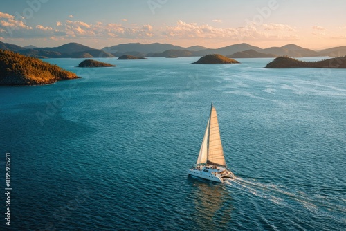 Aerial view of a sailboat gliding across turquoise water dotted with small islands. Soft sunlight illuminates the landscape
