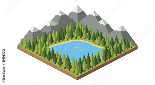 Isometric illustration of a serene mountain landscape with a pristine lake surrounded by a dense evergreen forest, showcasing an idyllic wilderness environment.