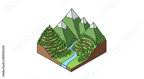 Vibrant isometric illustration showcasing a majestic mountainous landscape with lush terraced forests and a winding river, capturing serene natural beauty.