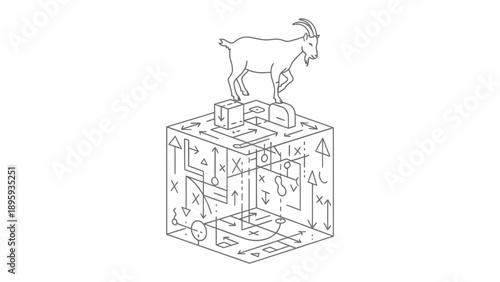 Conceptual Goat on Block: A stylized illustration features a goat atop a complex cube, a visual representation of problem-solving, achievement, and overcoming obstacles.