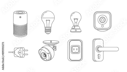 Smart Home Essentials: A meticulously crafted, monochrome illustration presents a curated collection of smart home technologies and devices.