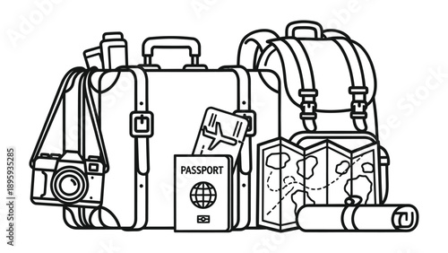 Essentials for a Journey: An illustration presenting a collection of travel essentials including a suitcase, backpack, camera, passport, map, and other items, perfect for a getaway.