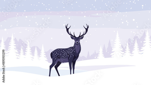 Majestic deer with large antlers standing in a snowy forest landscape under a light purple sky with falling snowflakes and pine trees.