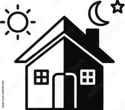 Stylized House Divided Into Day And Night With Sun Moon And Star Symbols home