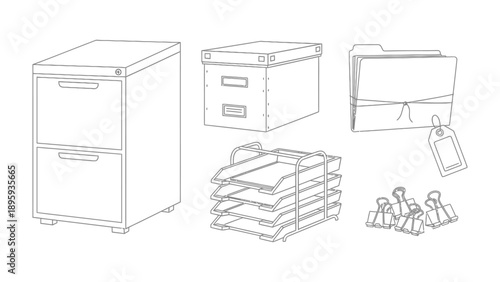 Office Organizational Tools: An array of essential office organizational tools, including filing cabinet, document box, file folder, paper tray and binder clips.