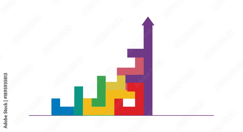 Fototapeta premium Colorful Interlocking Blocks Forming Growing Bar Graph with Upward Arrow | Business Success, Synergy, Progress, and Problem Solving Concept Vector Illustration.