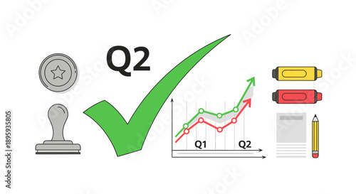 Q2 Business Quarter Success Vector Illustration. Financial Growth Chart, Achievement Check Mark, and Corporate Report Symbols.