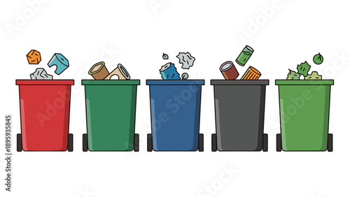 Five colorful recycling bins in red, dark green, blue, black, and light green with different types of waste falling into them for sorting.