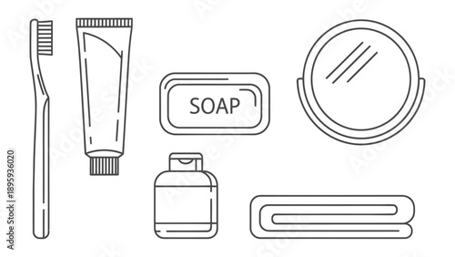 Essentials: A minimal and clean illustration of the essential items required in a bathroom, promoting cleanliness and hygiene. 