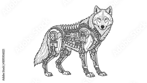 Mechanical Wolf Illustration: An intricate monochrome illustration of a mechanical wolf, showcasing a fusion of nature and technology.