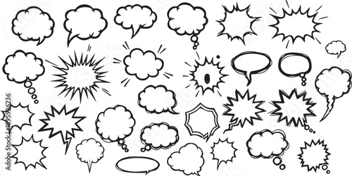 Modern Scribble Speech Bubble Collection with Thick Brush and Thin Pen Lines, Abstract Frames and Starburst Captions in Black and White Vector