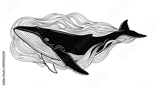Oceanic Harmony: A striking monochrome illustration of a majestic whale, gracefully navigating the waves, a symbol of the ocean's vastness and the tranquility of marine life.