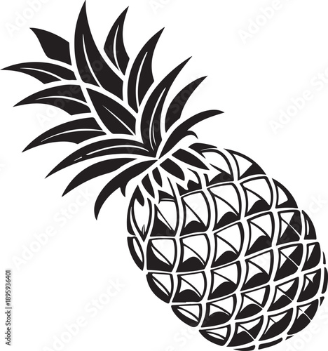 Clean modern black silhouette vector of a pineapple with iconic crown, minimalist flat design, isolated on transparent background