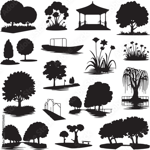 collection of black silhouette trees and plants on white background