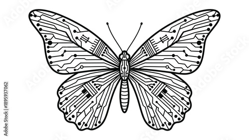 Digital Butterfly: A black and white illustration of a butterfly, its wings intricately designed with circuit board patterns, symbolizing the fusion of nature and technology.