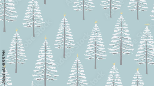 Beautiful seamless pattern of snow-covered pine trees with gold stars on top scattered across a soft light blue background.