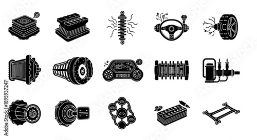 A premium black silhouette icon set featuring twelve original automotive component and vehicle system concepts, designed to avoid generic engine or dashboard clichés. Each icon represents advanced car