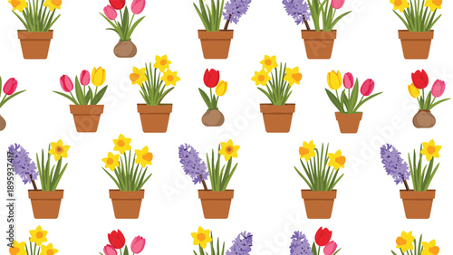 Cheerful repeating pattern of various colorful flowers in terracotta pots like tulips, daffodils, and hyacinths on a clean white background.